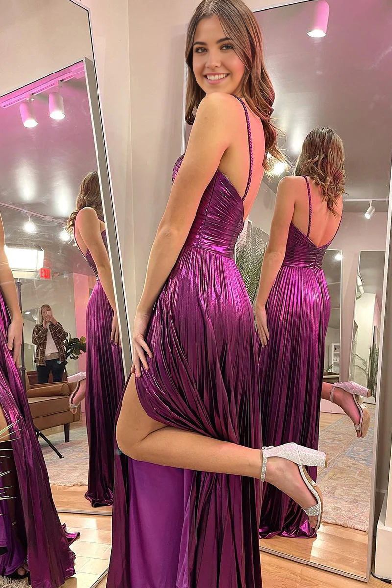 Full view of the elegant A-line purple sparkly satin prom dress, highlighting its flowing skirt and shimmering fabric.