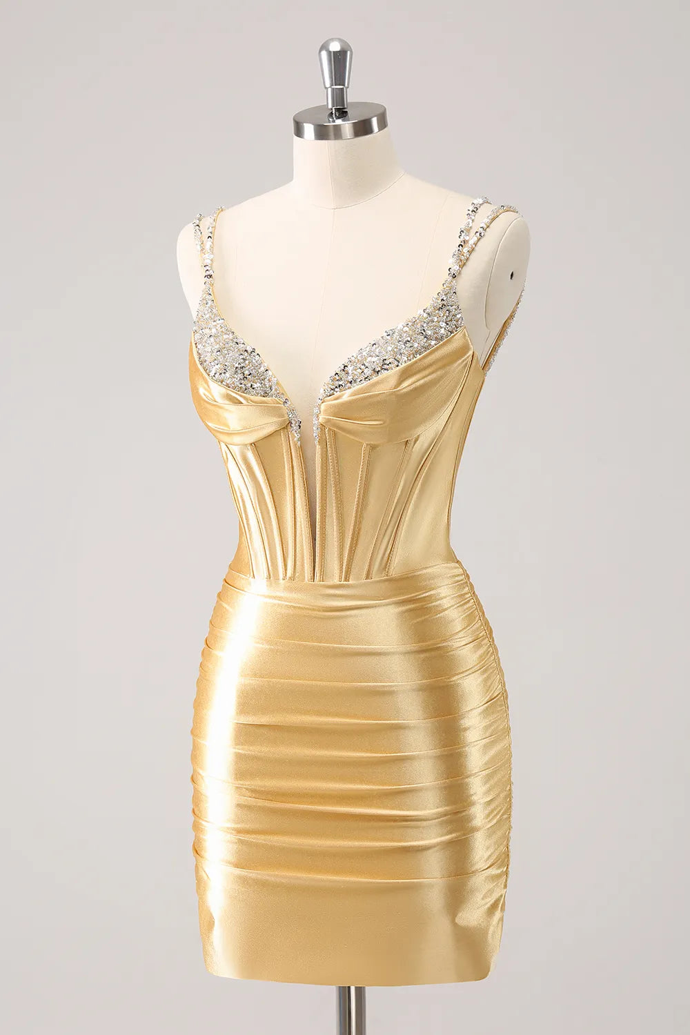 Side view of the bodycon satin homecoming dress, highlighting its short length and elegant silhouette.