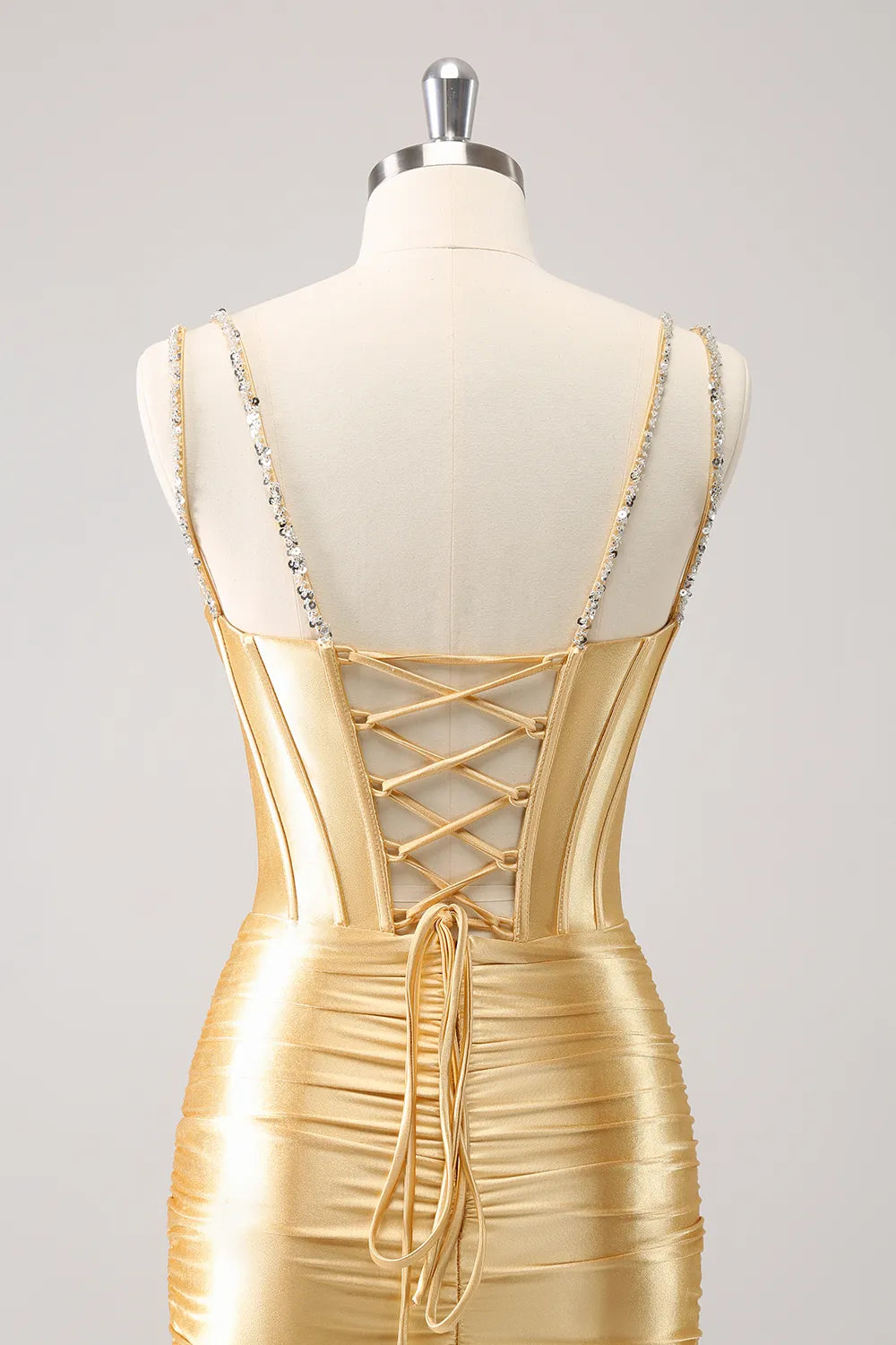 Full view of the bodycon satin homecoming dress, showcasing its V-neck and overall design.