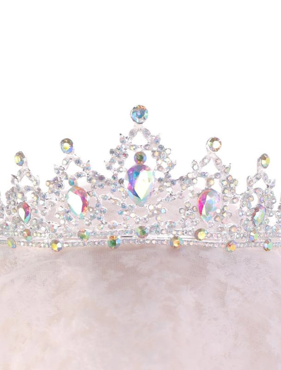 Model wearing the elegant crystal crown, perfect for a wedding.