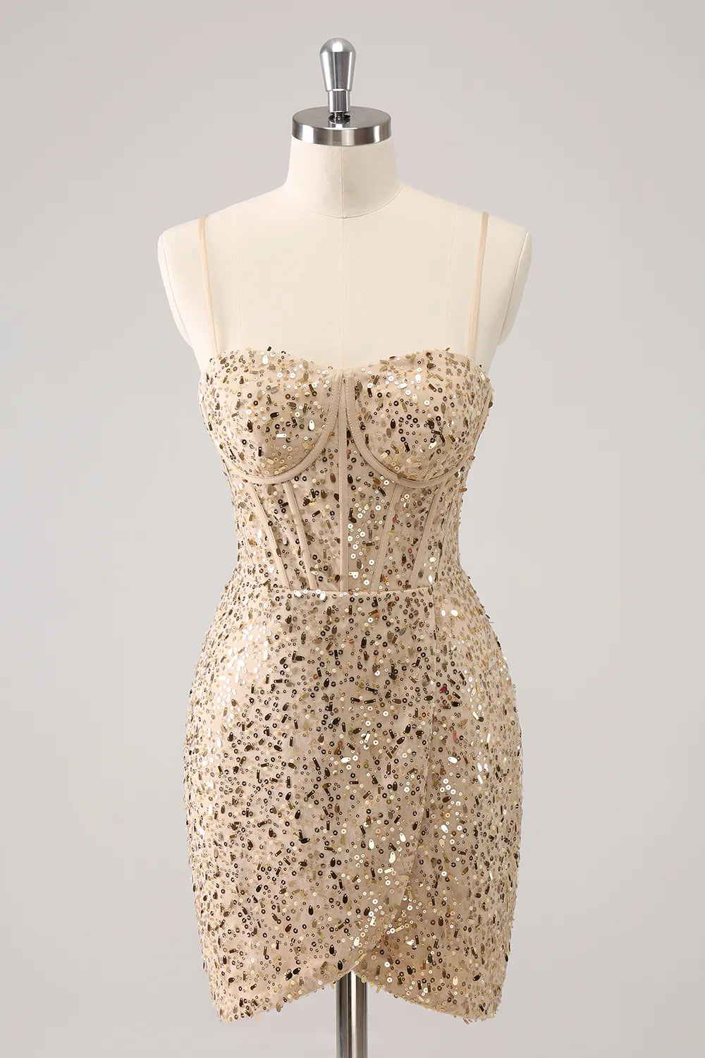 Golden sequined bodycon homecoming dress with spaghetti straps and V-neck.