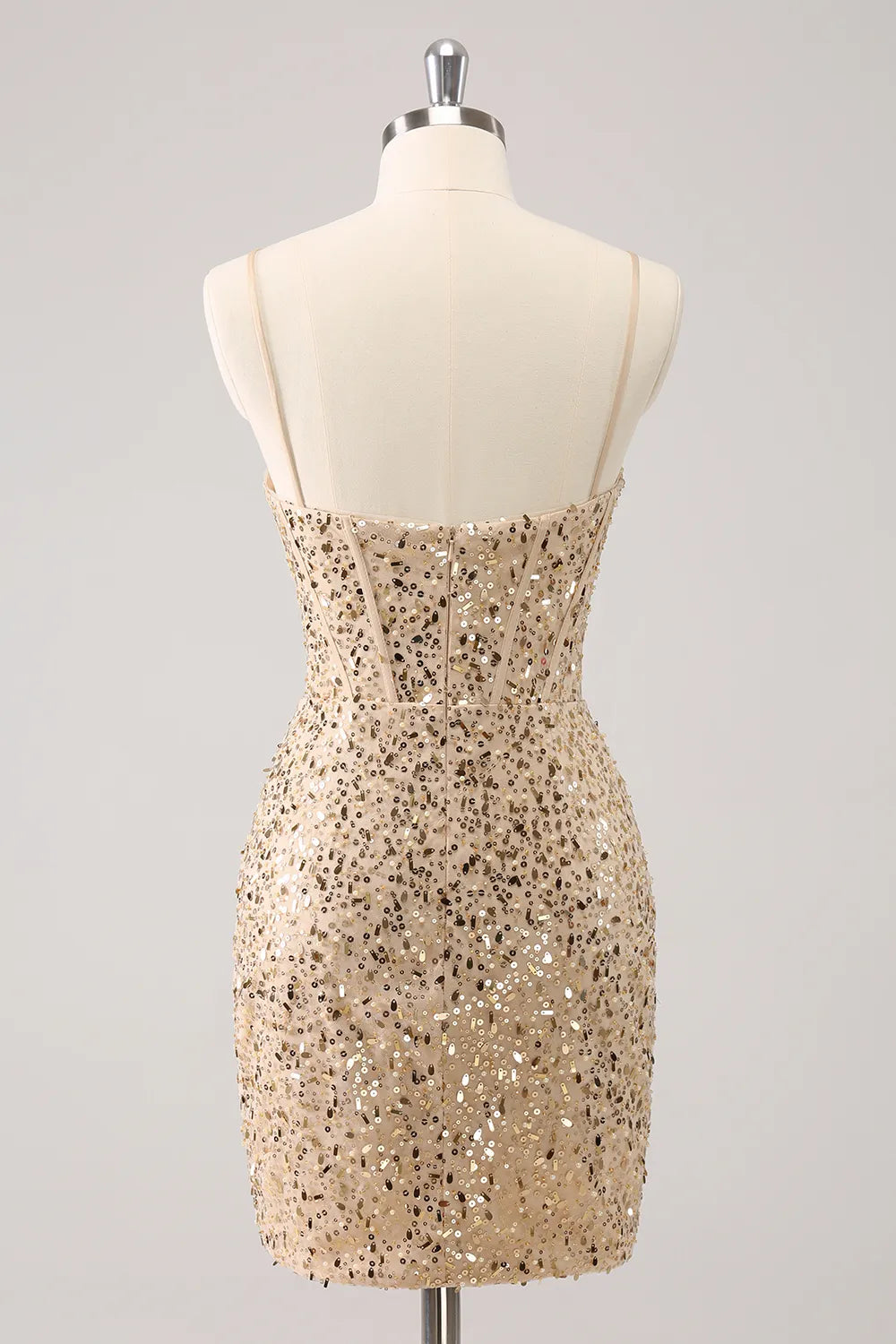 Elegant golden sequin dress featuring a bodycon silhouette and corset detail.