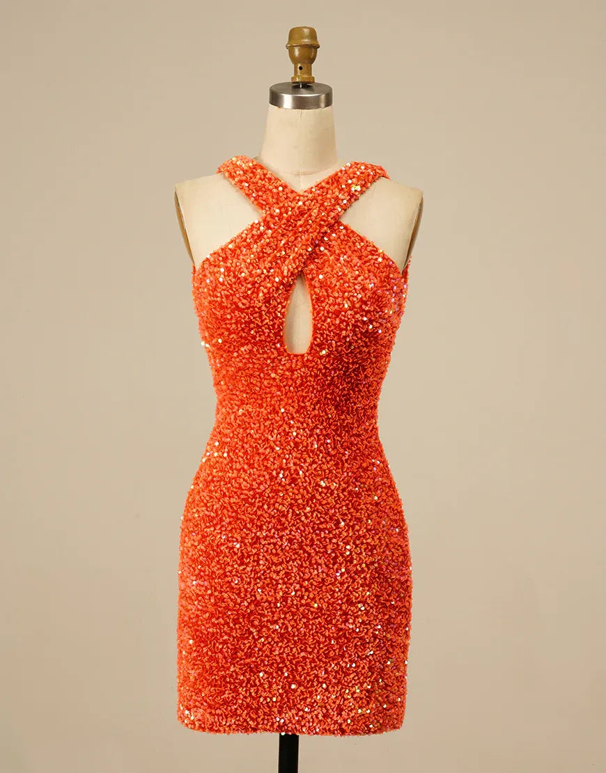 Model wearing a sparkling halter backless sequin mini dress.