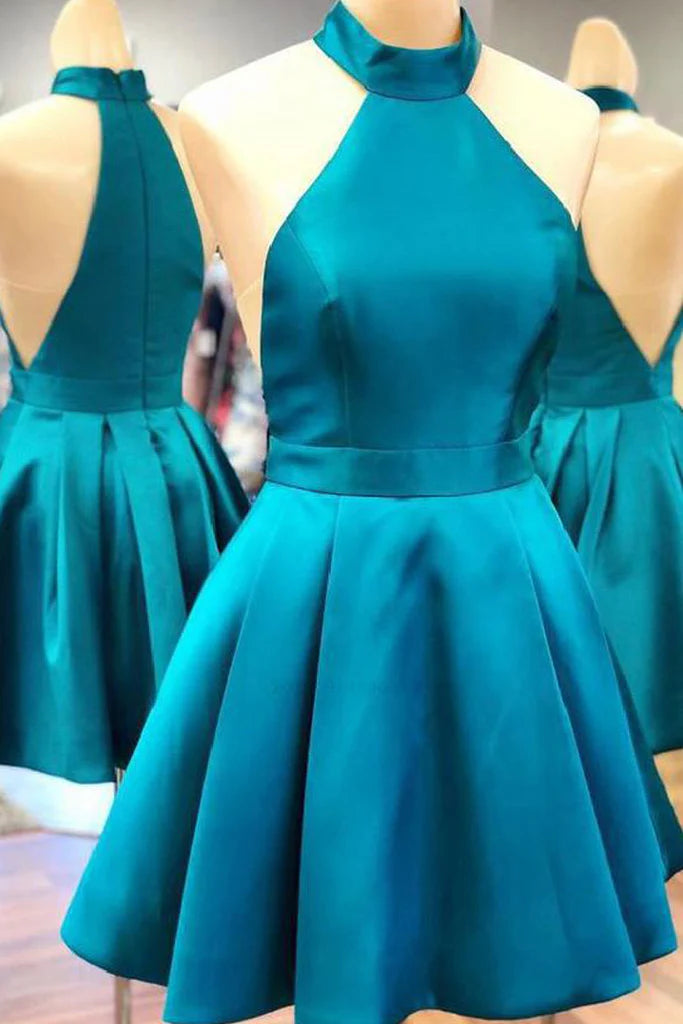 Back view of the halter high neck satin short prom homecoming dress.