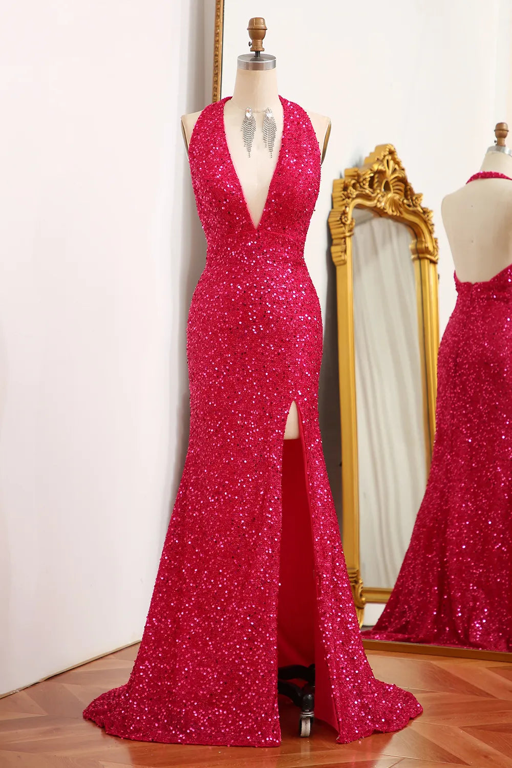Dazzling mermaid halter neck sequin prom dress with split front.