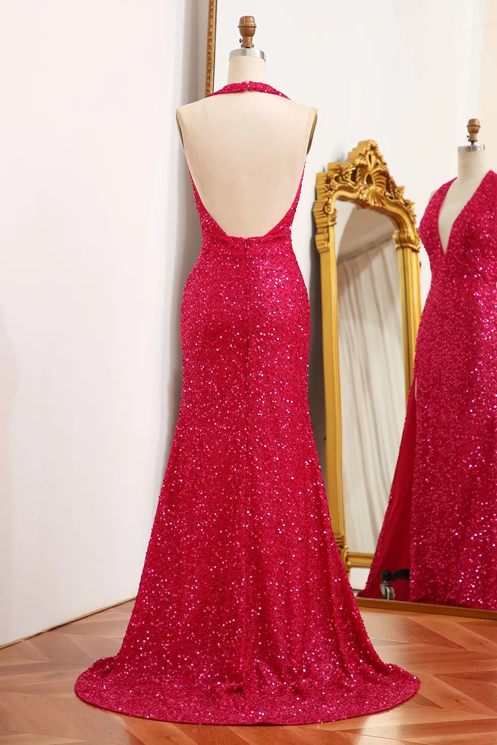 Elegant long sequin mermaid dress, front view.