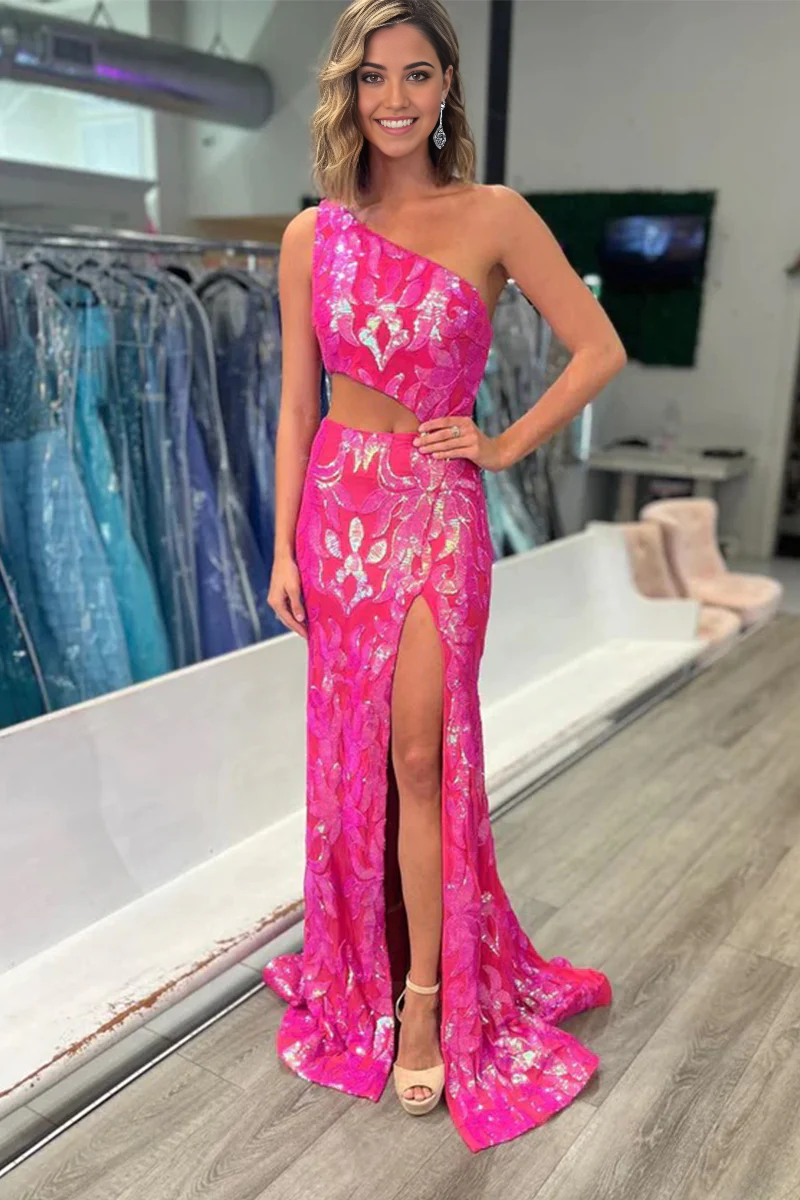 Dazzling mermaid one-shoulder prom dress with sequins, lace, and a high slit.