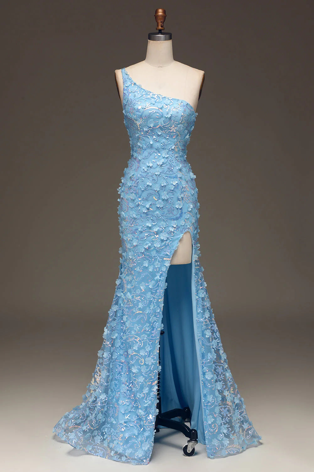 Light blue sequin mermaid prom dress with one shoulder and side slit.