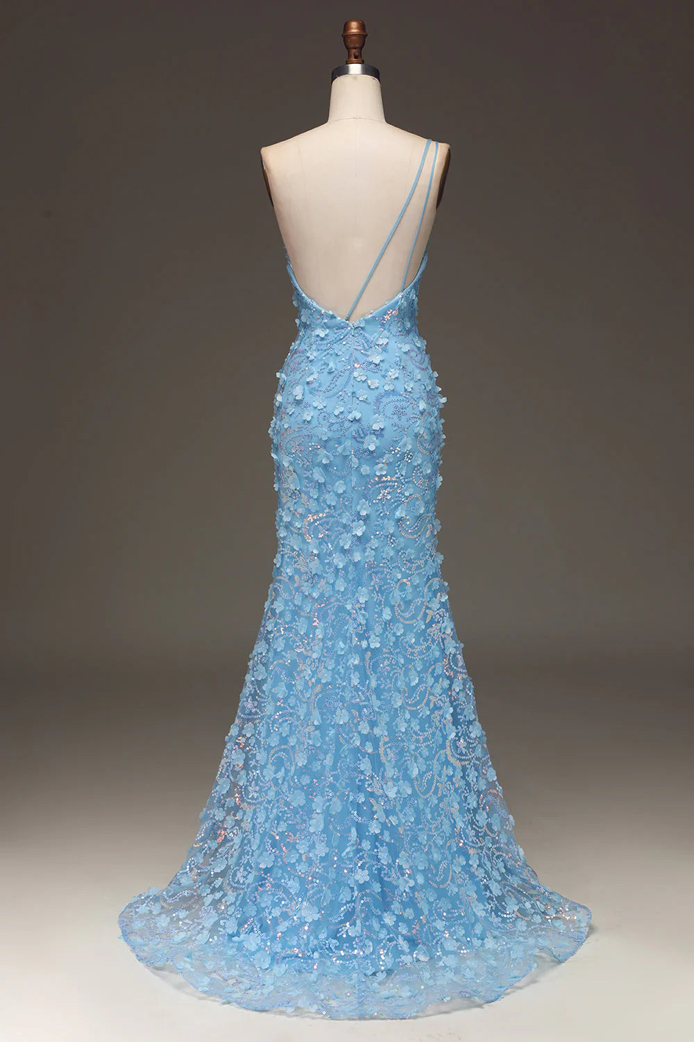 Back view of light blue sequin mermaid gown with intricate appliques.