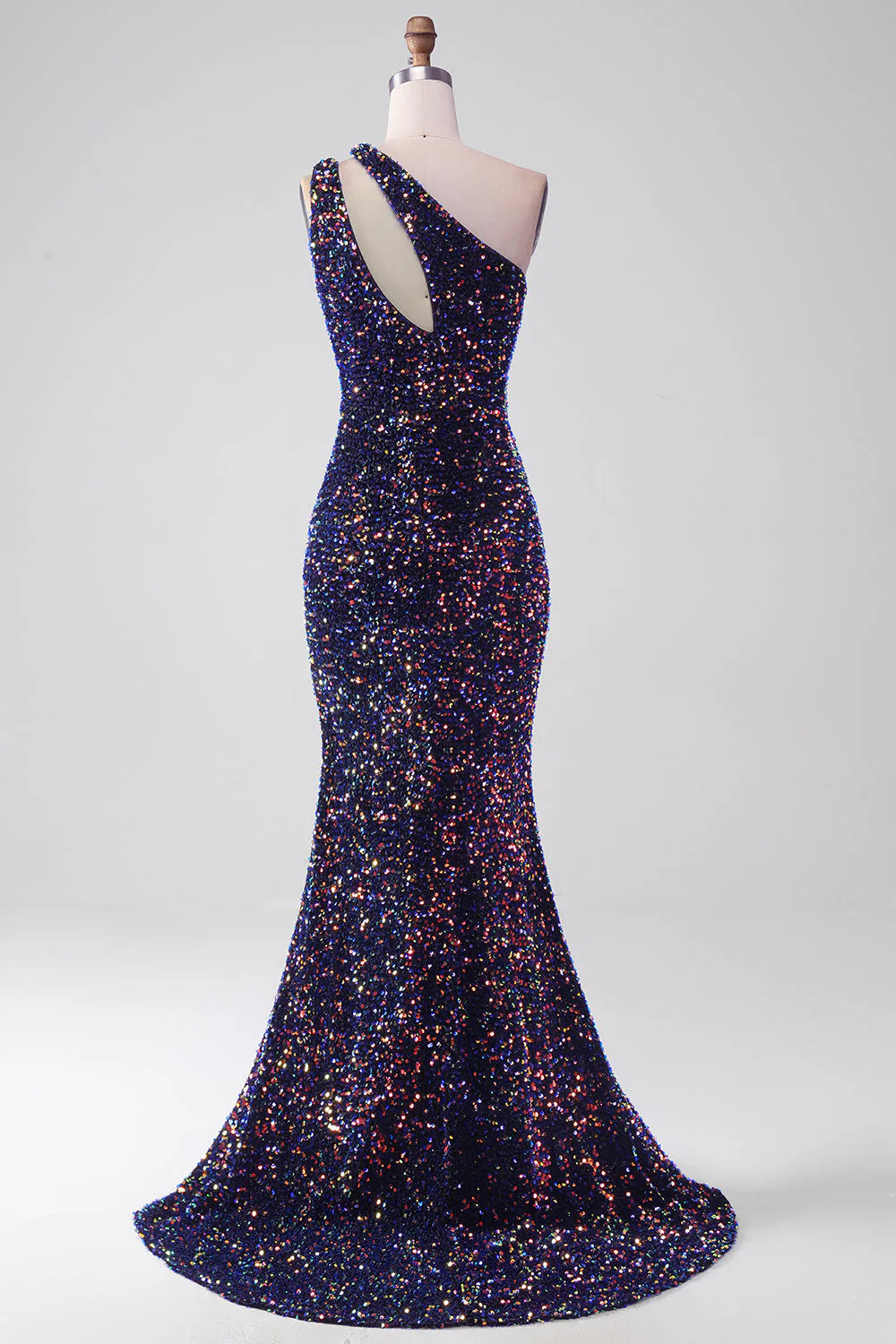 Back view of a black sequin mermaid dress with one shoulder.
