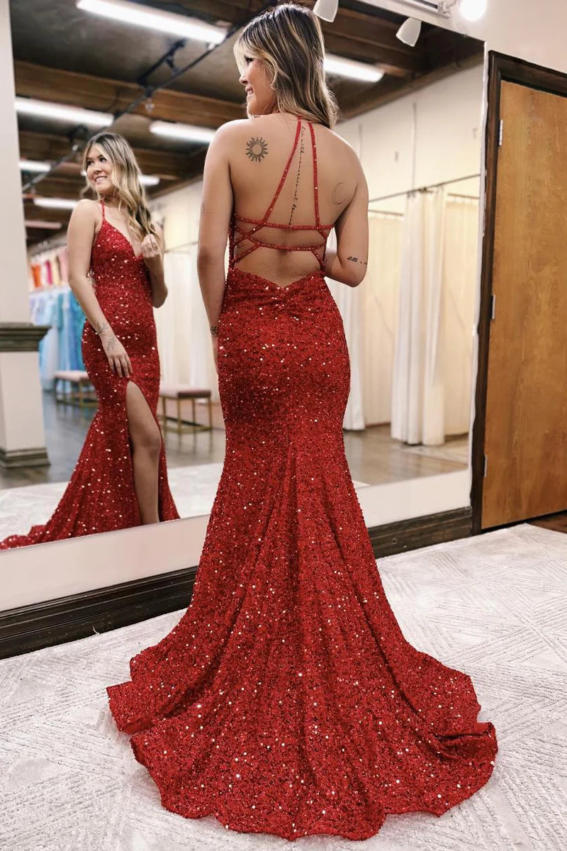 Back view of a sparkling mermaid formal gown with a floor-length silhouette.