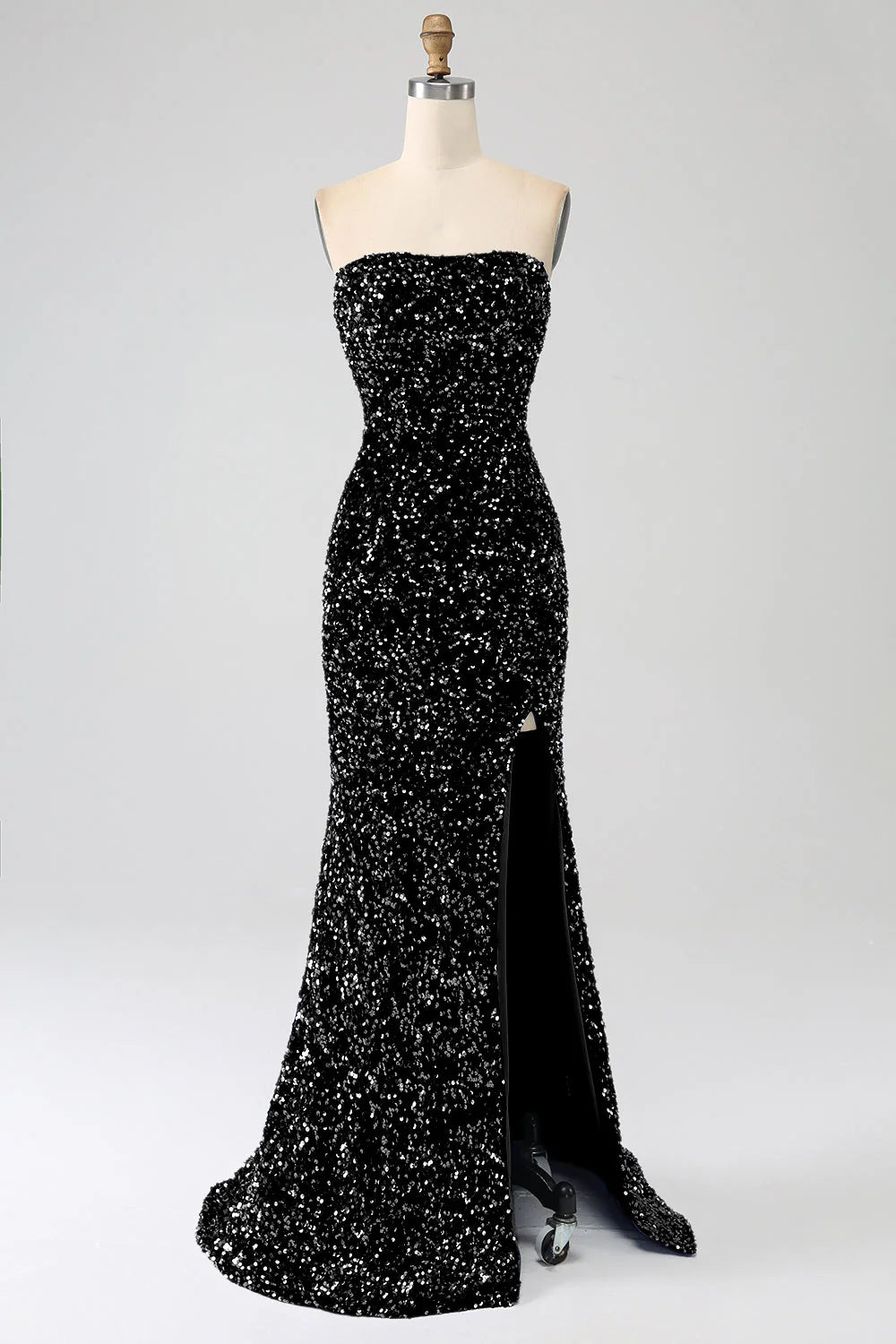 Chic black mermaid strapless sequin long formal gown.
