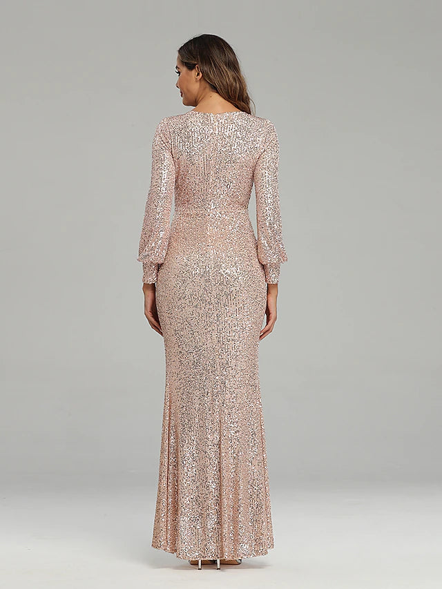 Full view of a sparkling floor-length formal dress.
