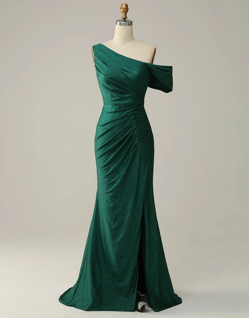 Dark green off-shoulder glitter long prom dress with a high split.