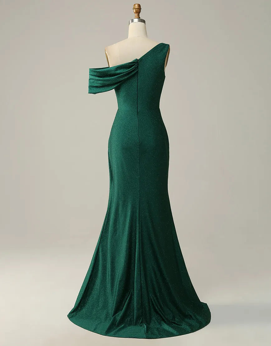 Elegant dark green glitter gown with off-shoulder neckline.