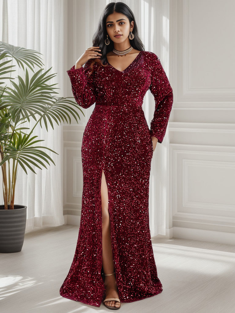Plus size long sleeve sequin bodycon evening dress in burgundy.