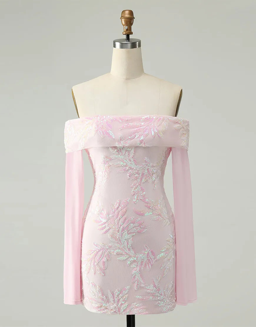 Model wearing a pink sequined off-the-shoulder A-line homecoming dress, front view.