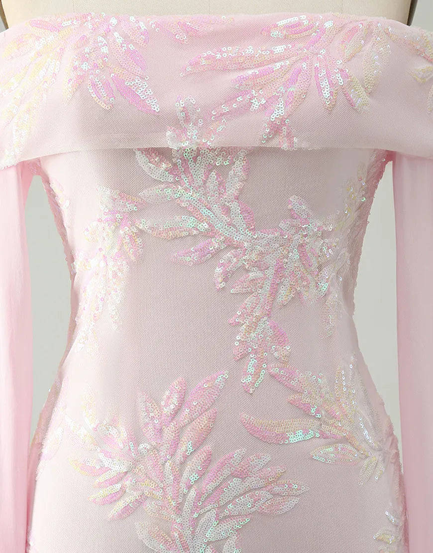 Back view of the pink sequined off-the-shoulder A-line dress, showing the elegant drape.