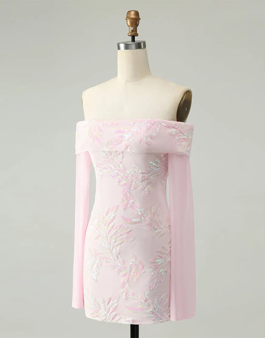 Side view of the pink sequined off-the-shoulder A-line dress, highlighting the silhouette.