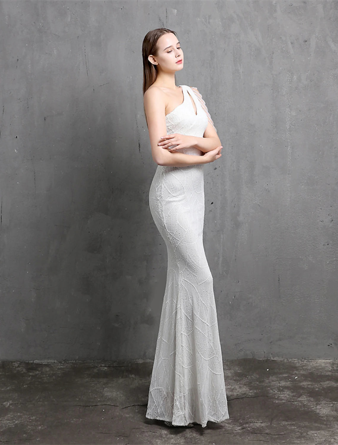 Full view of the shimmering mermaid trumpet evening dress.