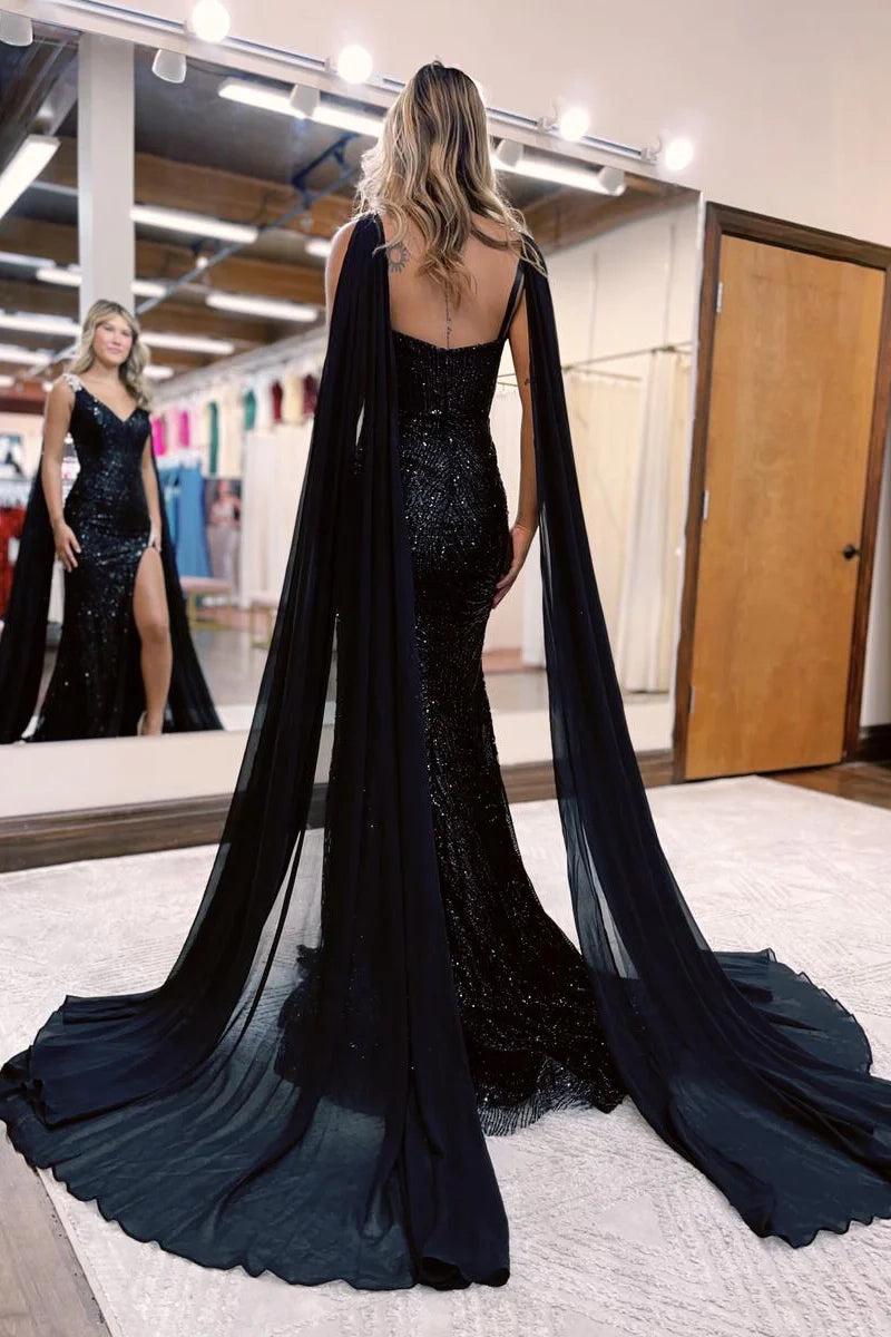 Back view of a black sequined mermaid formal gown.