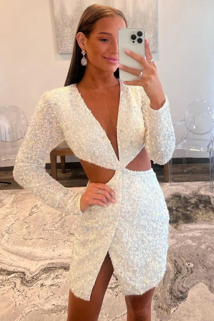 Model wearing a sparkly sheath deep V-neck sequin short homecoming dress with keyhole detail.