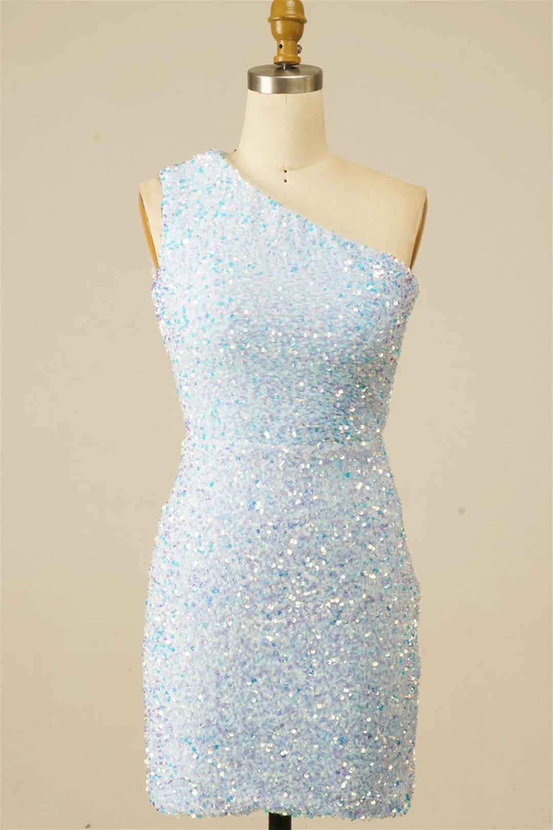 Dazzling one-shoulder sequin sheath dress with lace-up back.