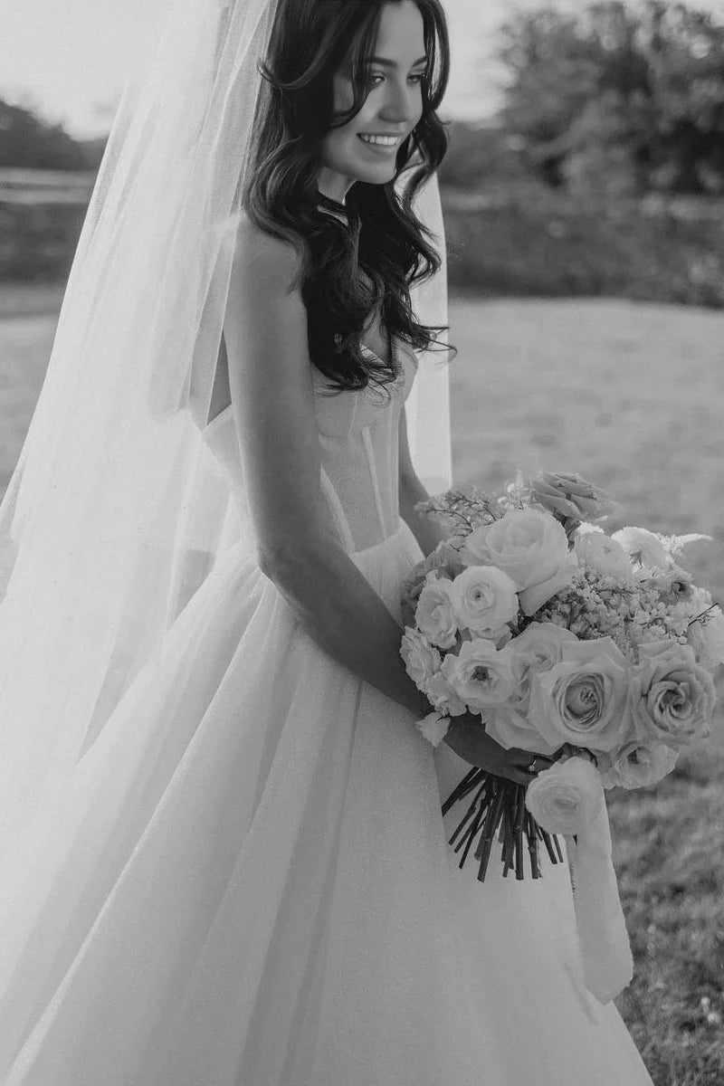 Back view of an elegant A-line sweetheart wedding dress.