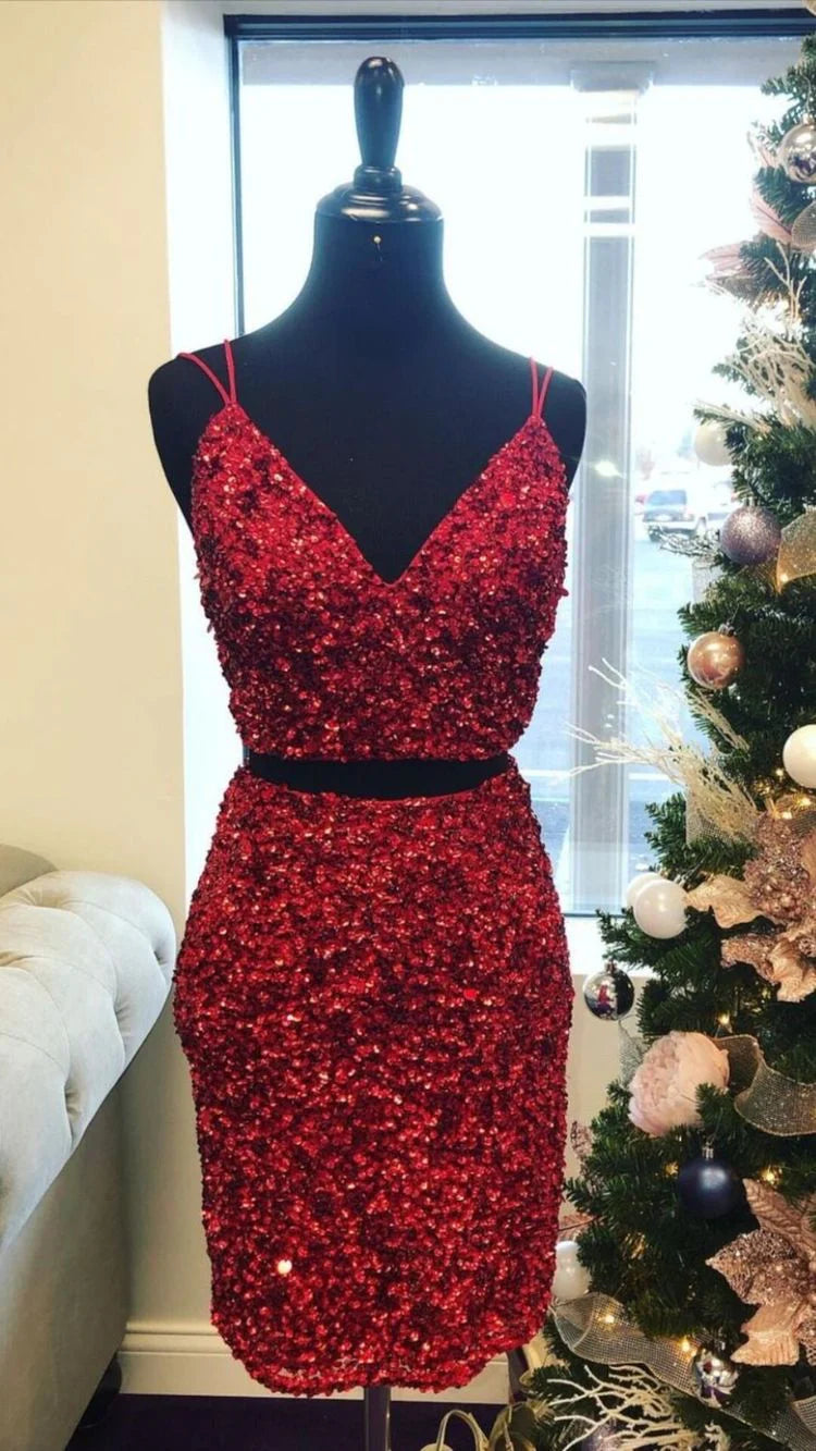 Dazzling two-piece burgundy sequin short prom dress with a V-neckline and A-line skirt.