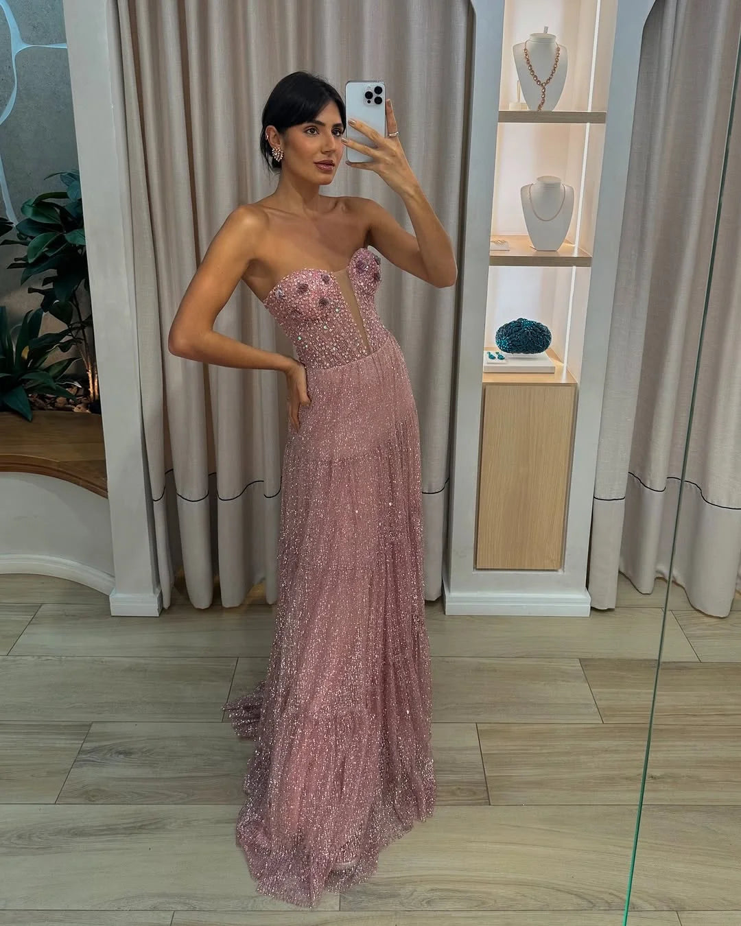 Dazzling Strapless Sweetheart Plunging Neck Sequin Tiered A-Line Maxi Prom Dress with 3D Floral Accents