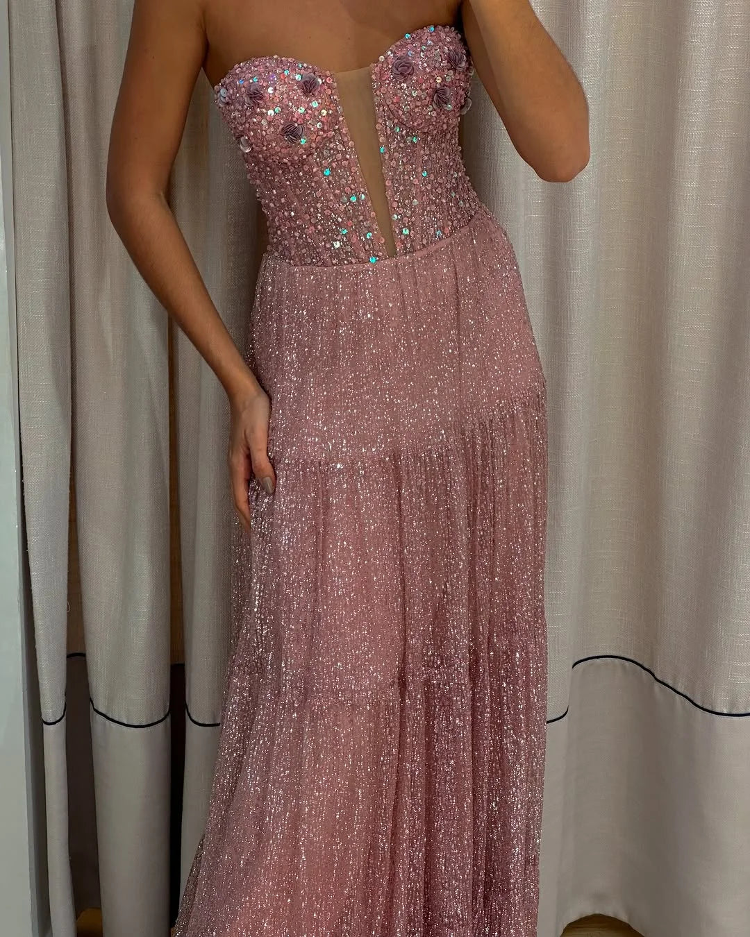 Dazzling Strapless Sweetheart Plunging Neck Sequin Tiered A-Line Maxi Prom Dress with 3D Floral Accents