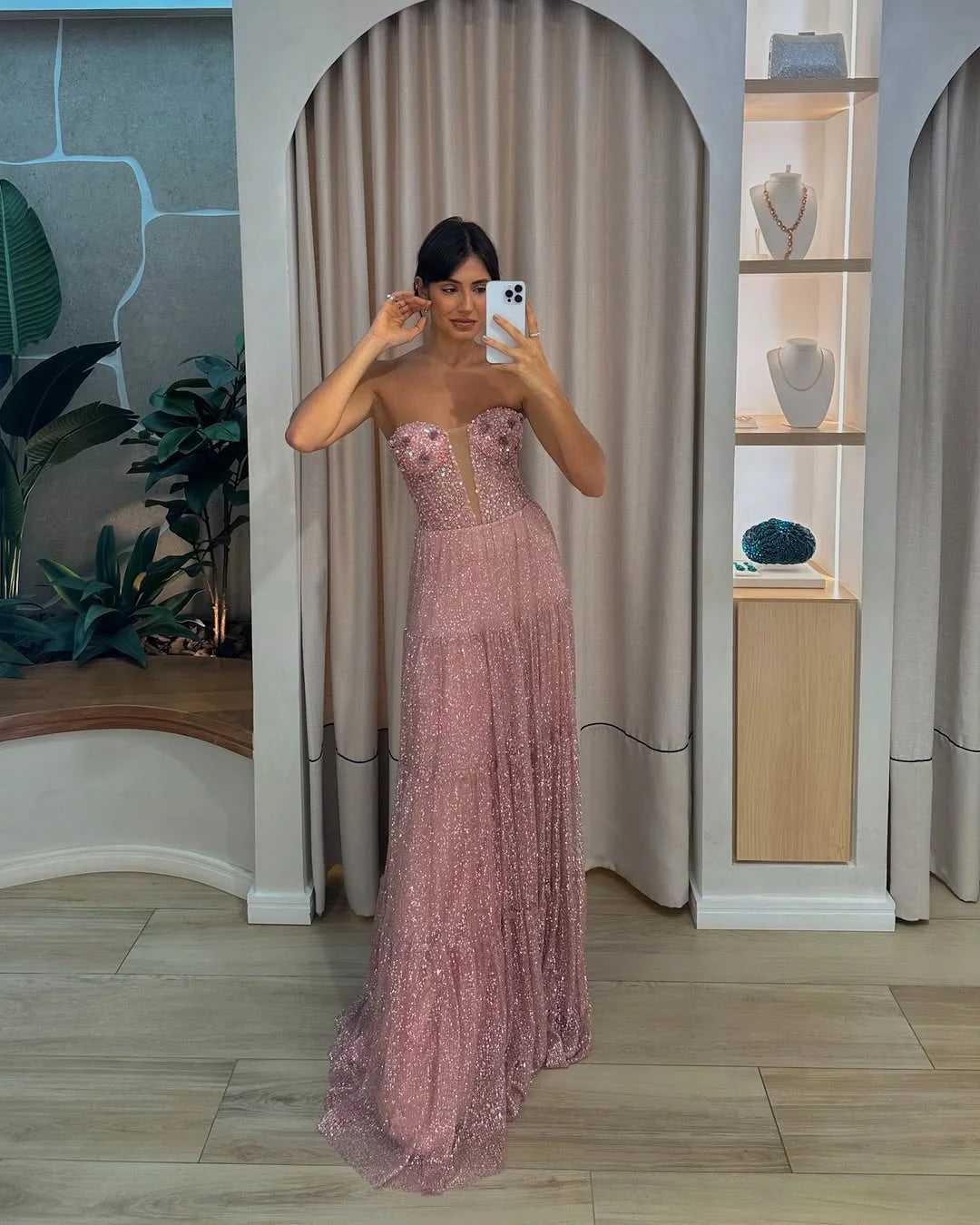 Dazzling Strapless Sweetheart Plunging Neck Sequin Tiered A-Line Maxi Prom Dress with 3D Floral Accents