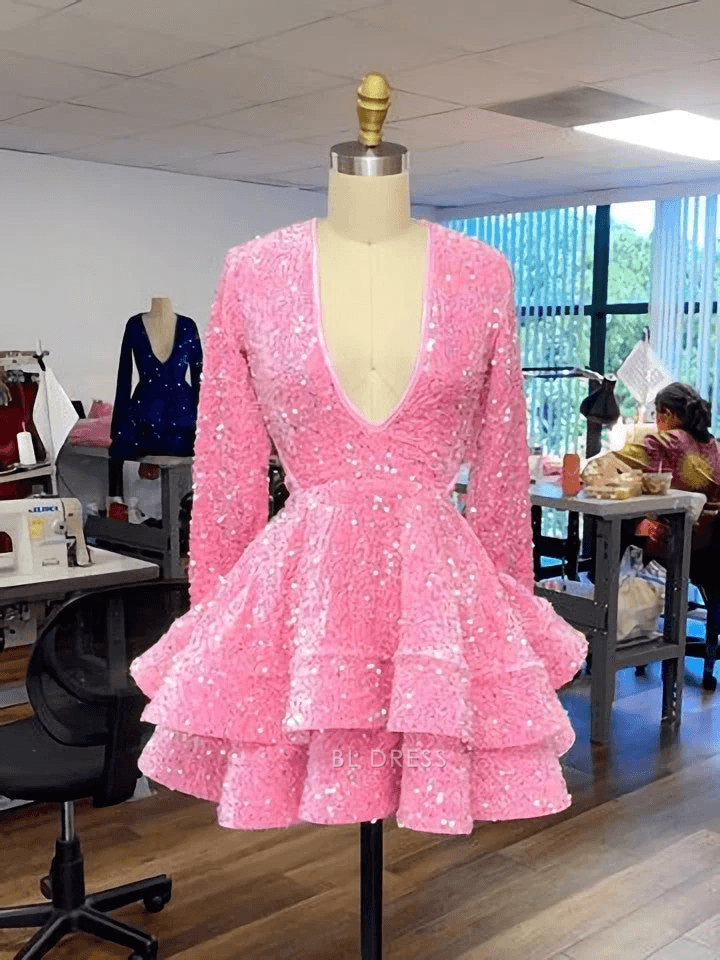 Dazzling A-Line Deep V-Neck Long Sleeve Sparkly Pink Short Homecoming Dress