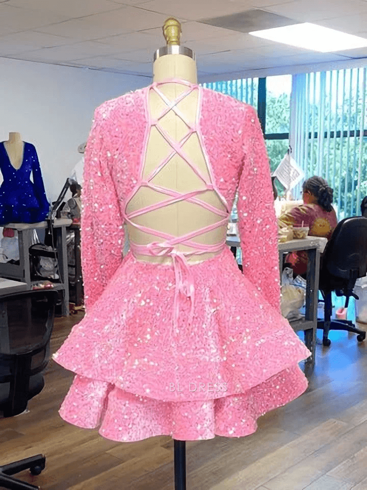 Dazzling A-Line Deep V-Neck Long Sleeve Sparkly Pink Short Homecoming Dress