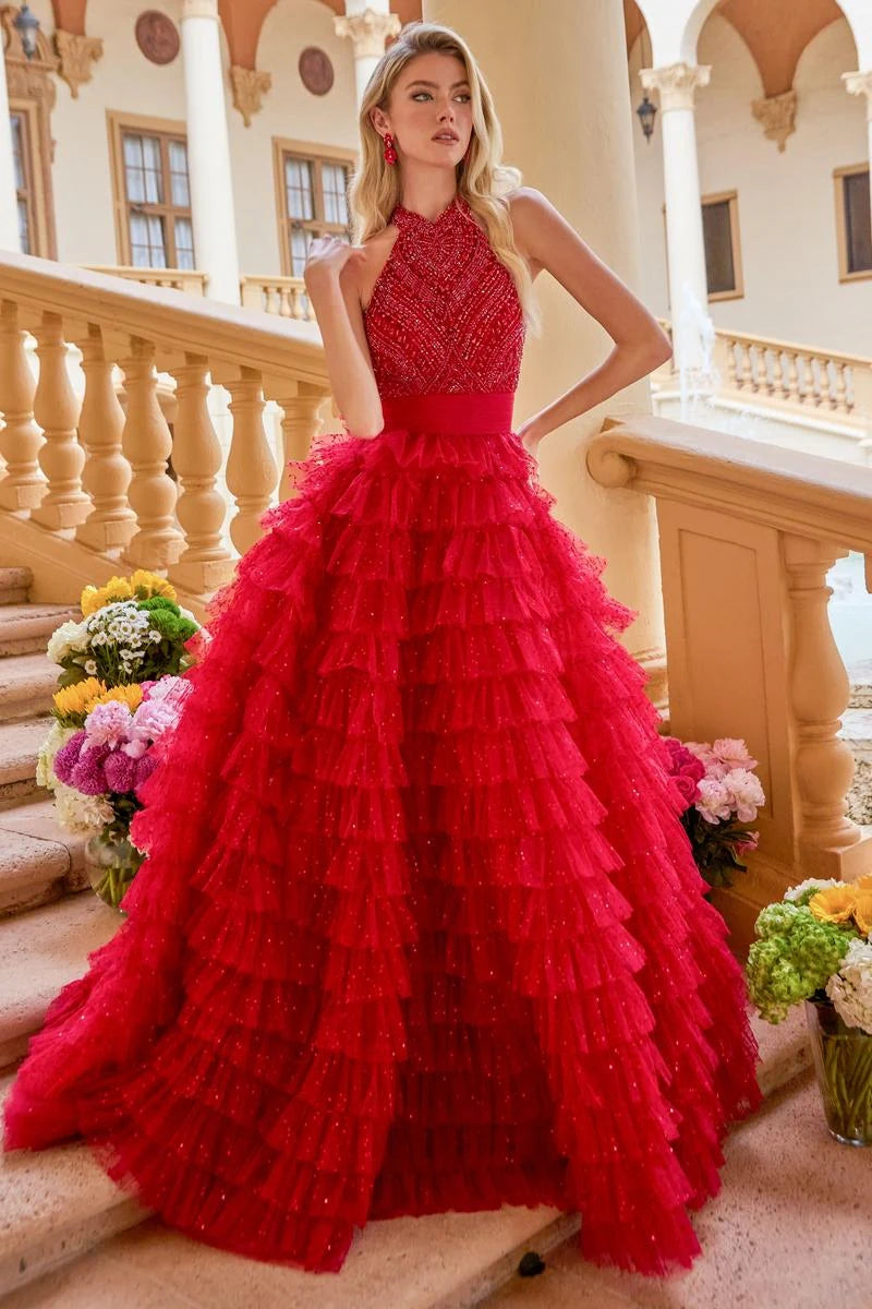 Dazzling A-Line Halter Sleeveless Tiered Ruffle Sequin Red Floor-Length Prom Gown
