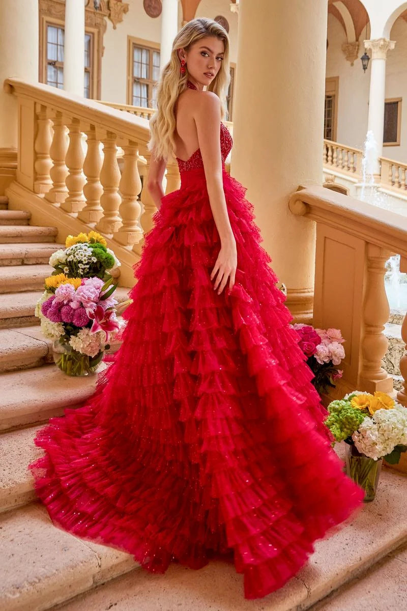 Dazzling A-Line Halter Sleeveless Tiered Ruffle Sequin Red Floor-Length Prom Gown