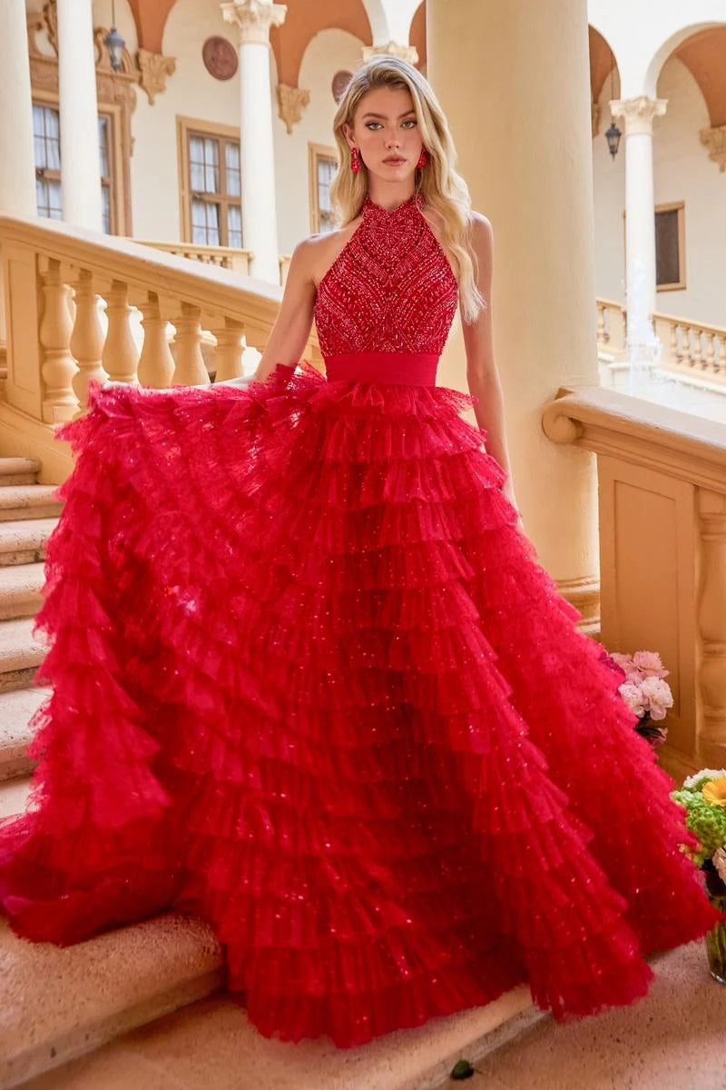 Dazzling A-Line Halter Sleeveless Tiered Ruffle Sequin Red Floor-Length Prom Gown