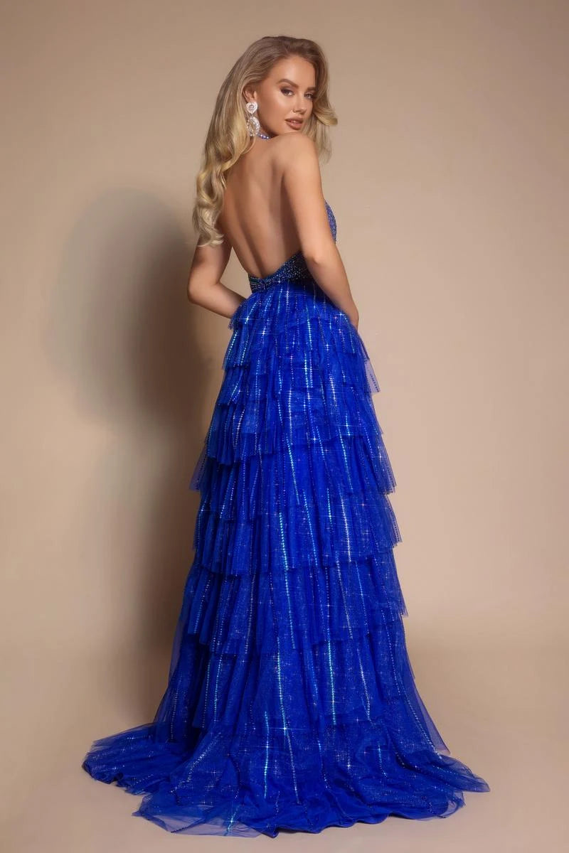 Dazzling A-Line Halter Sleeveless Tiered Sequin Royal Blue Floor-Length Prom Dress