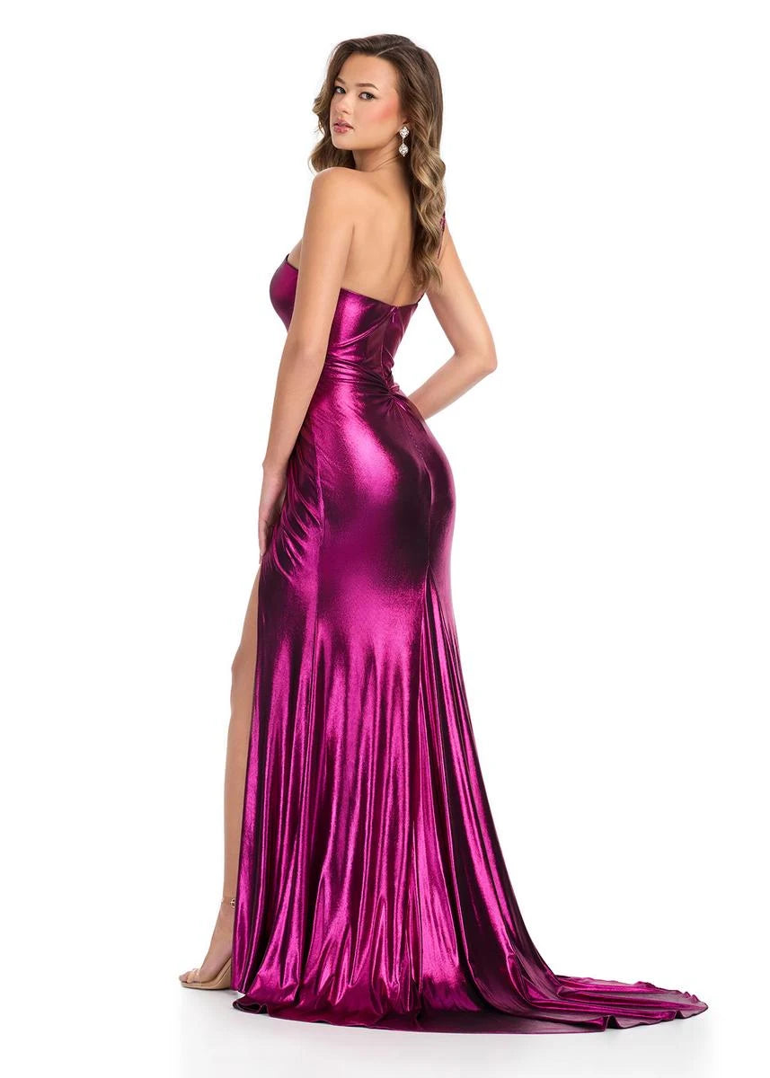 Dazzling A-Line One-Shoulder High Slit Ruched Fuchsia Floor-Length Prom Gown