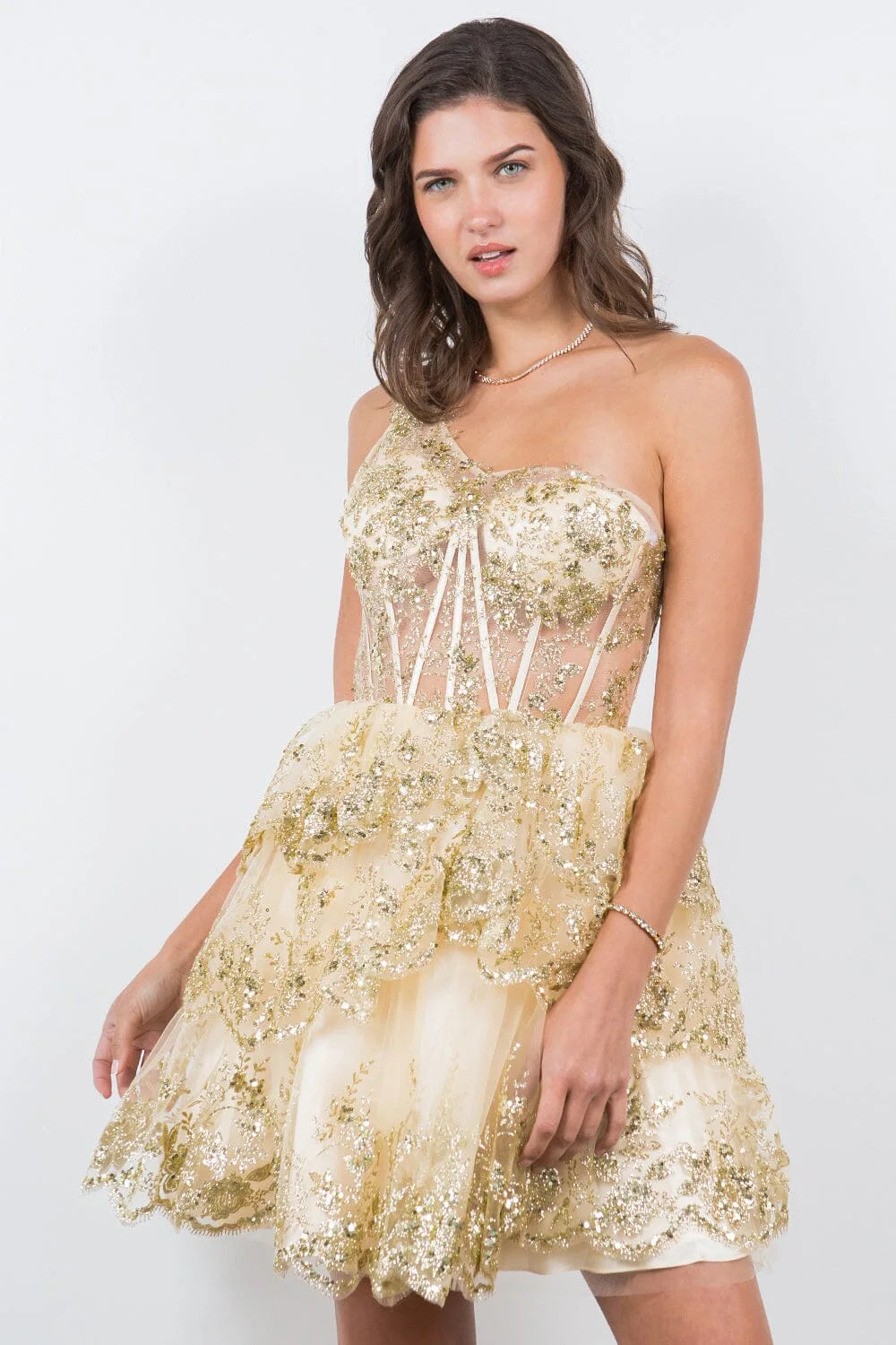 Dazzling A-Line One-Shoulder Sleeveless Sequin Embellished Gold Short Homecoming Dress for Women
