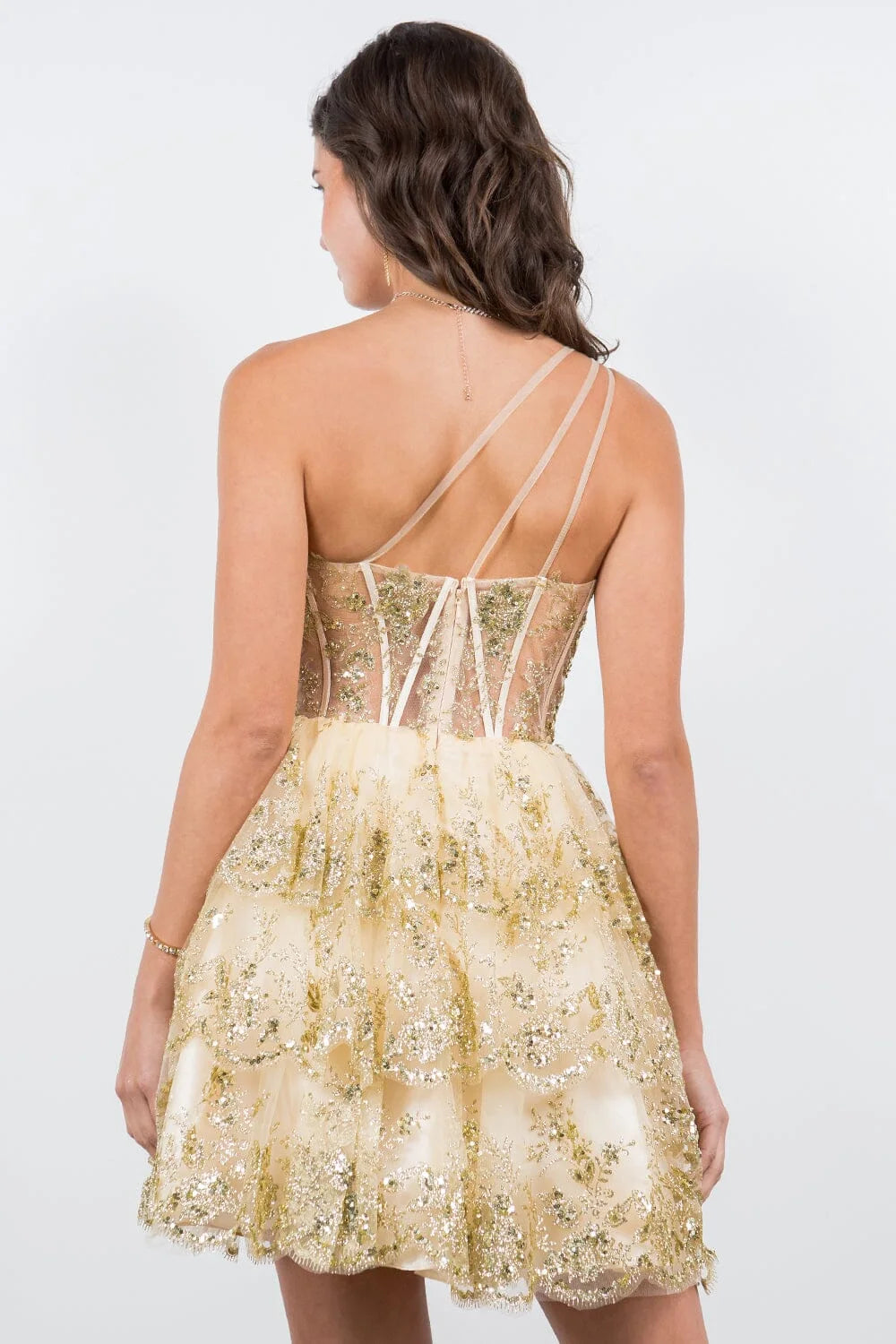 Dazzling A-Line One-Shoulder Sleeveless Sequin Embellished Gold Short Homecoming Dress for Women
