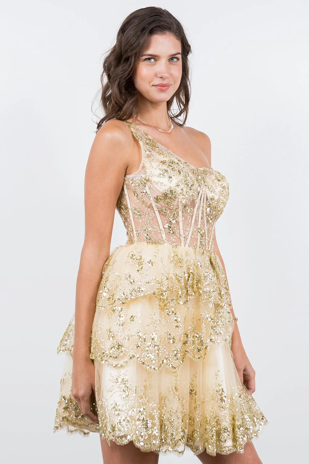 Dazzling A-Line One-Shoulder Sleeveless Sequin Embellished Gold Short Homecoming Dress for Women