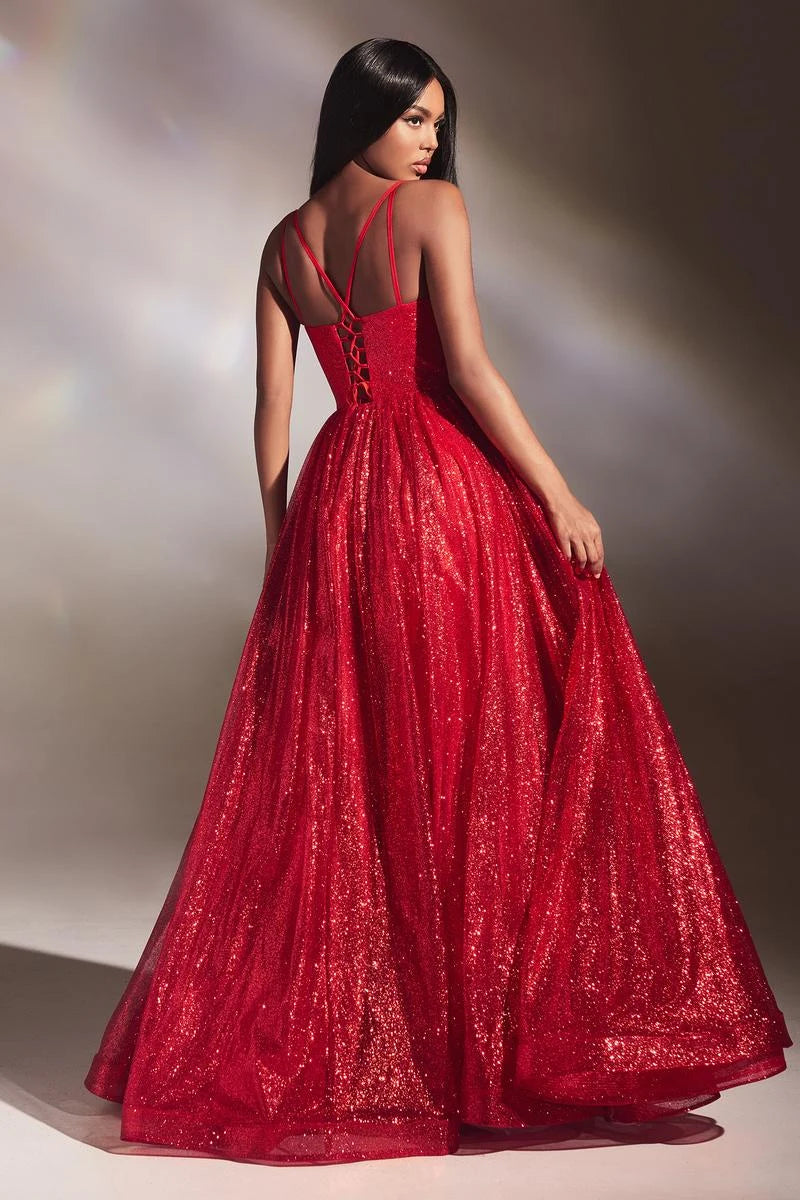Dazzling A-Line Plunging Sleeveless Sparkly Glamorous Red Floor-Length Prom Dress