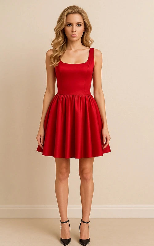 Dazzling A-Line Square Neck Sleeveless Bow-Back Red Short Homecoming Dress