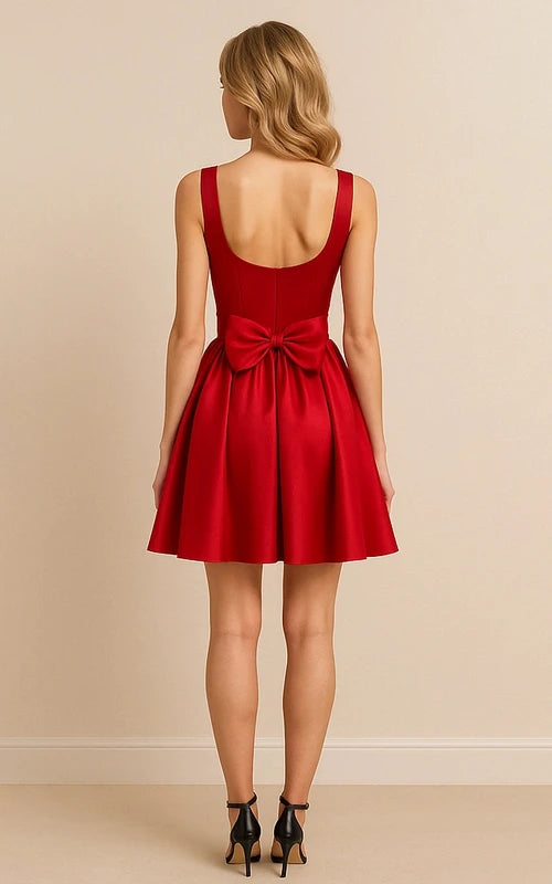 Dazzling A-Line Square Neck Sleeveless Bow-Back Red Short Homecoming Dress