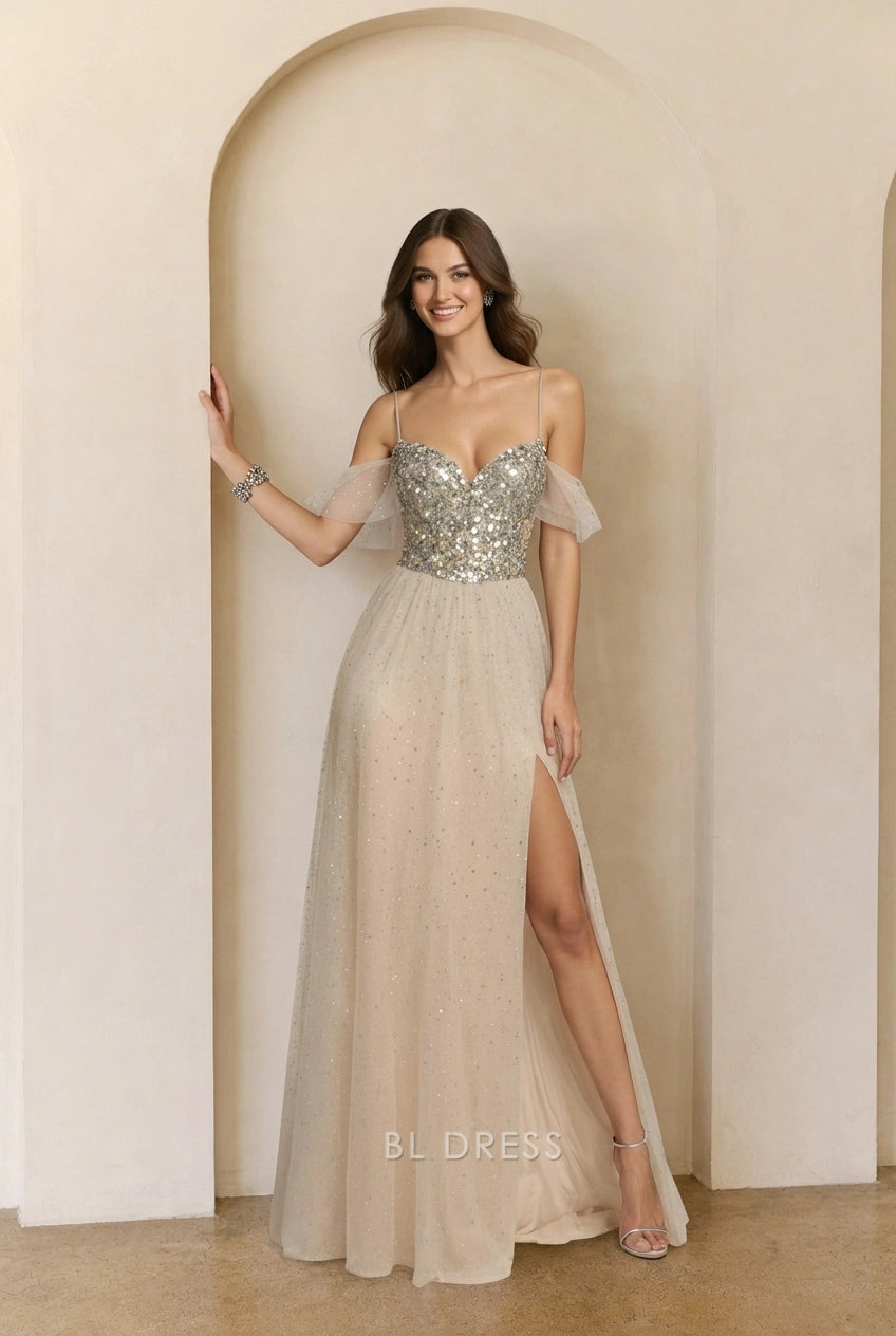 Dazzling A-Line Sweetheart Off-Shoulder Sequin Slit Champagne Floor-Length Prom Gown