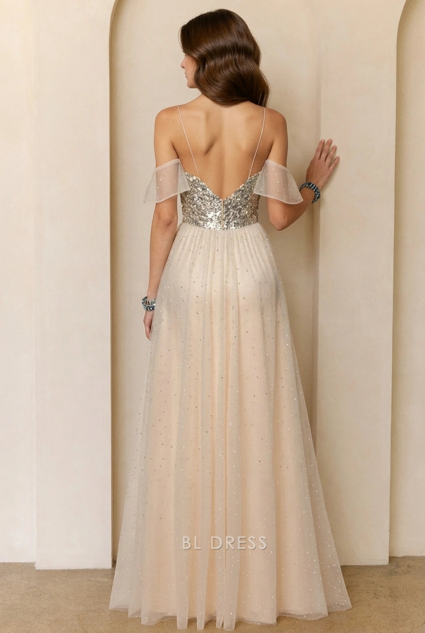 Dazzling A-Line Sweetheart Off-Shoulder Sequin Slit Champagne Floor-Length Prom Gown