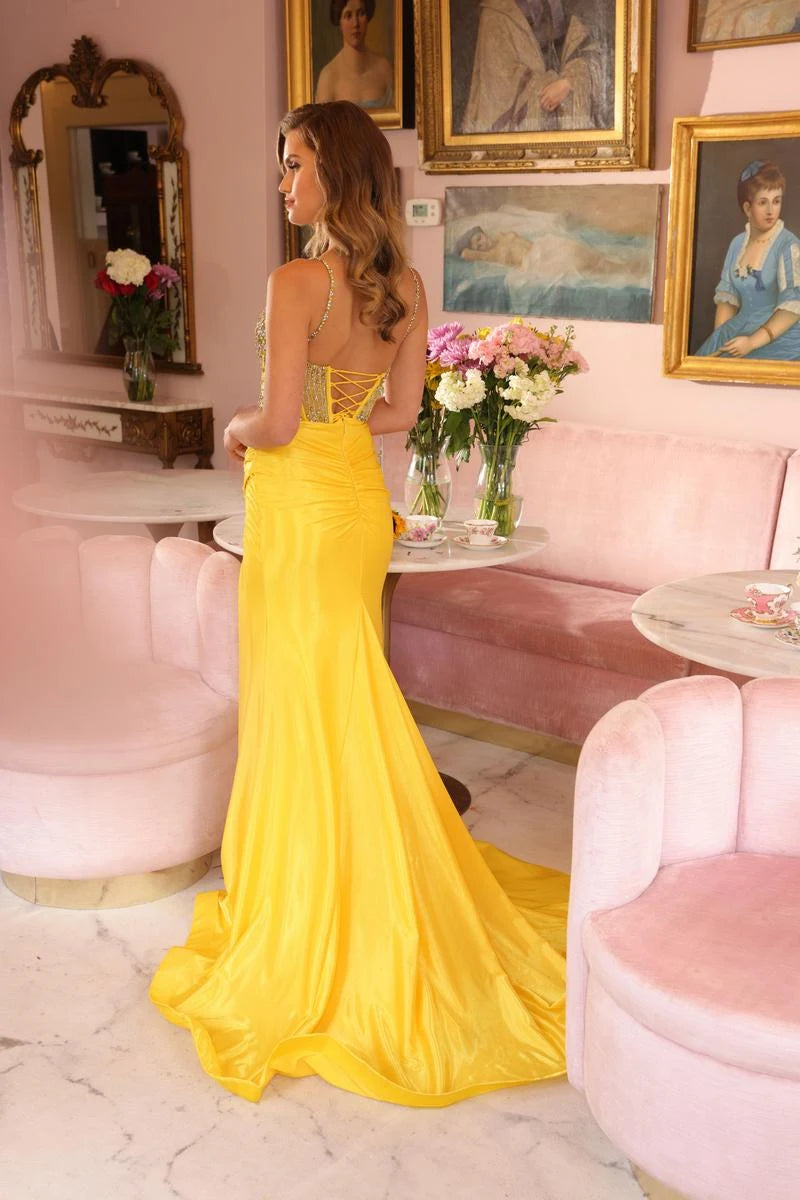 Dazzling A-Line Sweetheart Sleeveless Beaded Corset Sunshine Yellow Floor-Length Prom Gown