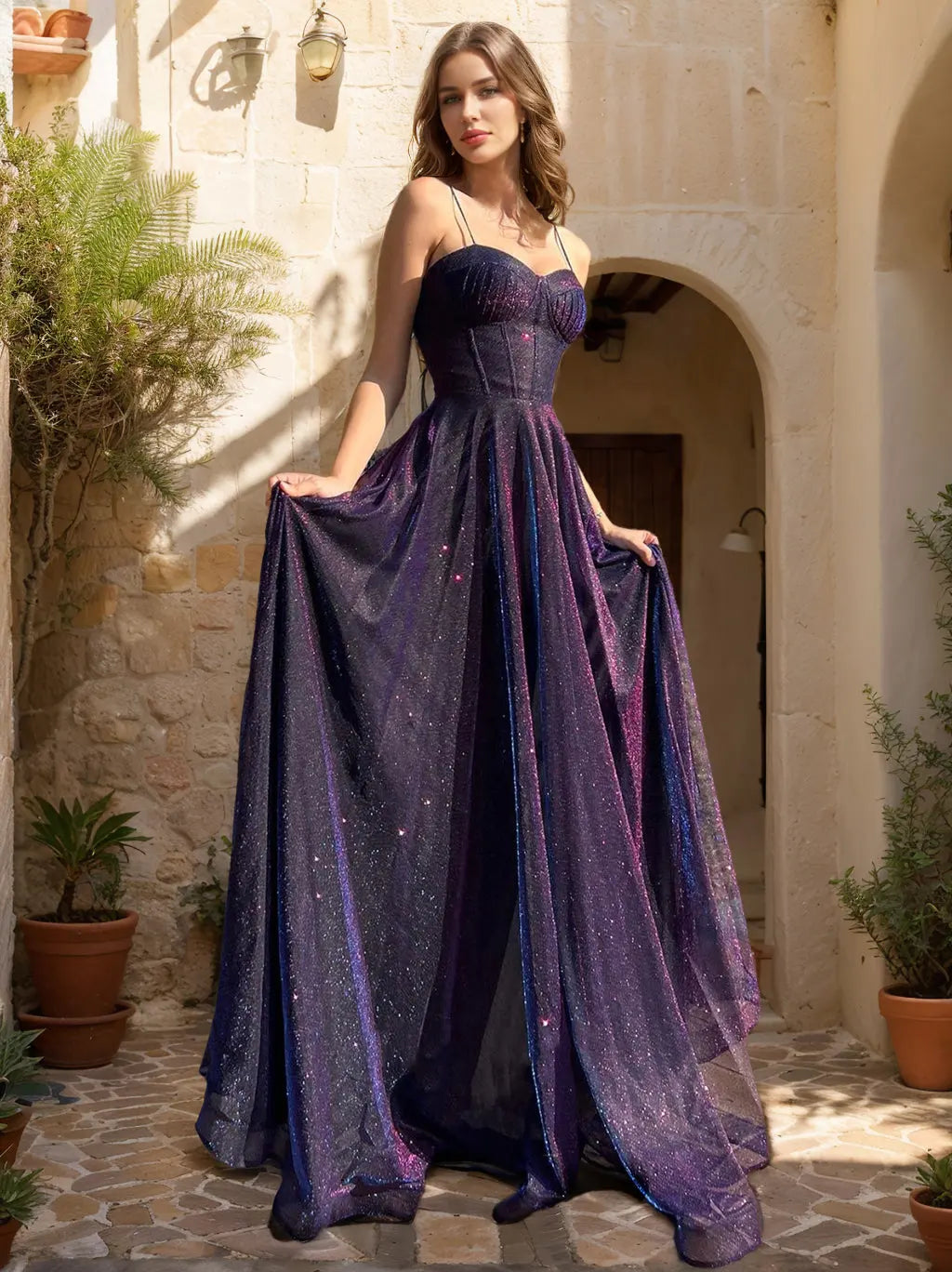 Dazzling A-Line Sweetheart Sleeveless Corset Glitter Purple Floor-Length Prom Gown
