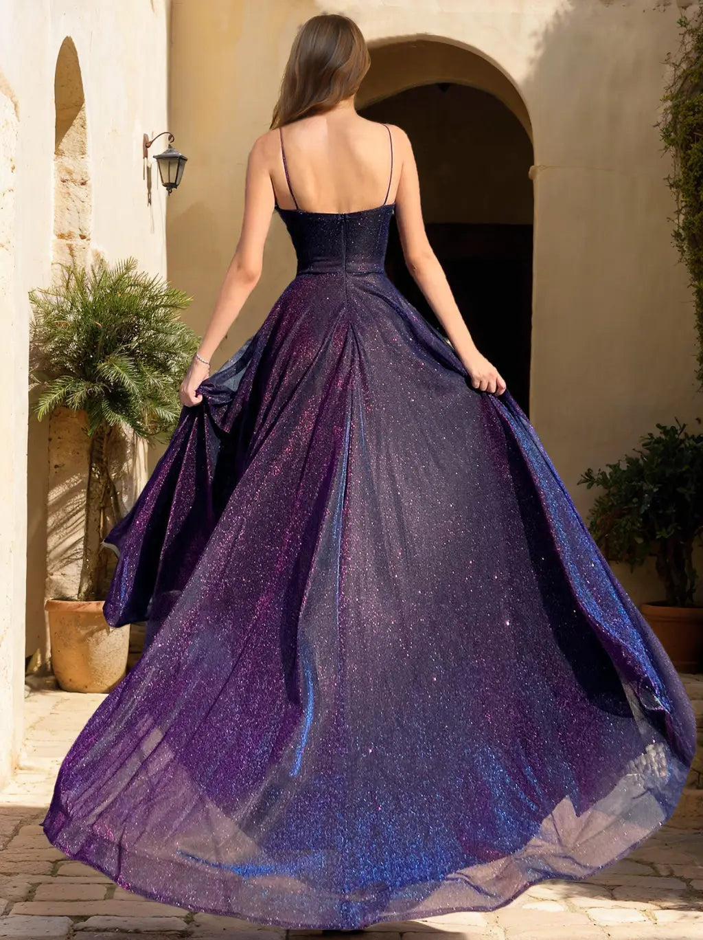Dazzling A-Line Sweetheart Sleeveless Corset Glitter Purple Floor-Length Prom Gown